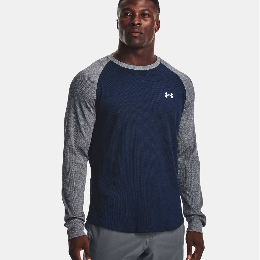 Under Armour Mens Waffle Crew Long Sleeve Shirt Academy Blue Gray 1302355 Large